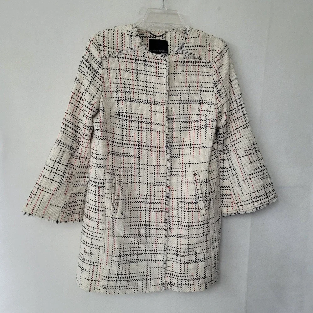 Banana Republic Womens Tweed Jacket Three Quarter Sleeve White Red Black XS
